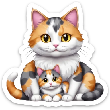 full body colourful light patched calico + white tabby cat cuddling a big dark grey and white tabby cat  sticker