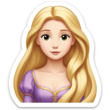 Cinematic Timeless Rapunzel Portrait Emoji, rendered in a clean, vector style. Depict Rapunzel with porcelain skin, beautifully styled long golden hair, and a serene, graceful expression, dressed in her classic gown. The design features bold, clean lines, a soft, magical glow, and a subtle glowing outline that captures her timeless, fairy-tale beauty. sticker