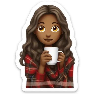 Beautiful girl with long hair wrapped in cozy plaid blanket drinking coffee sticker