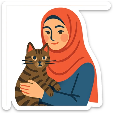 modern plain pashmina hijab woman holding a tabby cat, modern illustration style, soft expression sticker