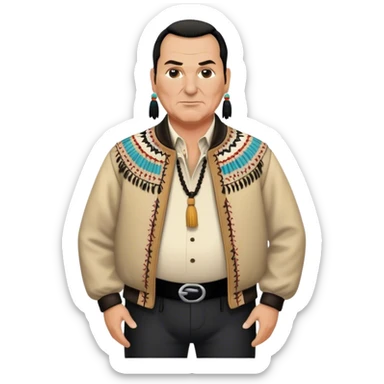 unhealthy steven segal standing balding with ponytail. pot belly. native american style jacket-with-tassles black pants big belly sticker