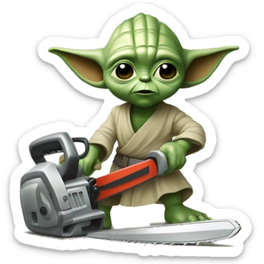 Yoda’s kid saws with a chainsaw. In a painted style sticker