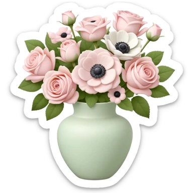 light pink roses and white anemone flowers bouquet in ceramic clay vase, soft sticker