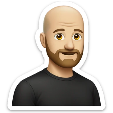 bald man in black shirt thinner face bushy beard sticker