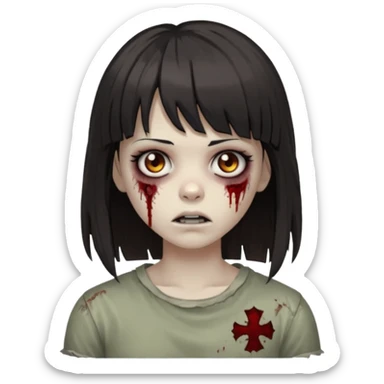  iPhone emoji is a zombie girl with dark hair long below her shoulders bangs and a ragged haircut gray eyes sticker