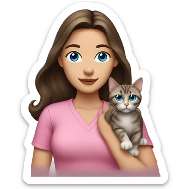 White woman with blue eyes and long dark hair wearing a pink shirt and holding a tabby cat sticker