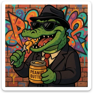 gangster alligator eating peanut butter, cartoon style, sunglasses, graffiti background sticker