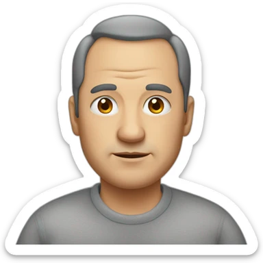 a man in his 50s with a receding hairline and obesity in a gray sweatshirt looks with a squint. sticker