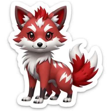 Red Lycanroc-Furret-Zorua-Poochyena-fusion, full body, with black and white edgy markings patterns sticker