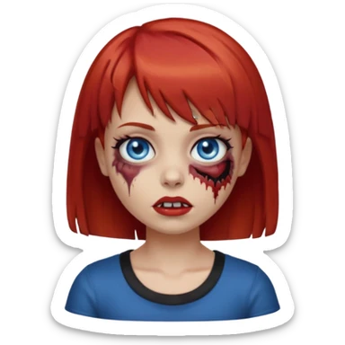 Zombie girl emoji with short red hair and bangs. Blue eyes, fair skin, and a black top. sticker