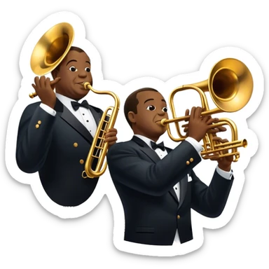 Icon for Jazz Music: collage of Louis Armstrong with his trumpet and Glenn Miller with his orchestra. Silhouettes of musicians, brass instruments, and musical notes. The design should convey the classic, smooth vibe of jazz. Transparent background. sticker
