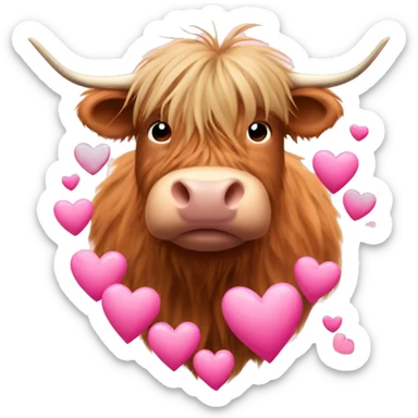 Highland cow surrounded by pink hearts  sticker