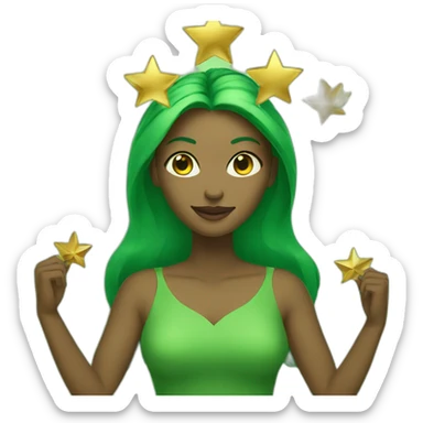 Green women holding three gold stars above head sticker