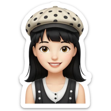 pinterst girl with heavy bang, black long strait hair and black pica dot newsboy cap on her hat, wearing white sleeveless  sticker