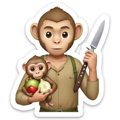 macaco com um um homem nas costas e com uma faca na mão querendo corta a cebol sticker