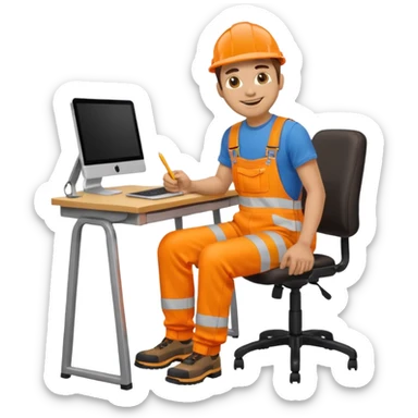 full body view of a man sitting at a desk wearing orange hi visibility overalls, emoji style sticker