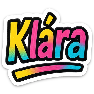 Klára name in modern colorful gradient font with dark outline, dynamic slanted or partial underline, in the style of reference patterns sticker