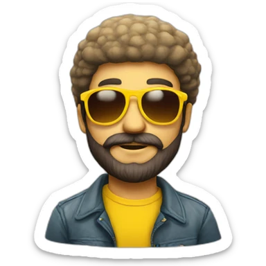 a man with a beard wearing yellow sunglasses with a mushroom on his head sticker