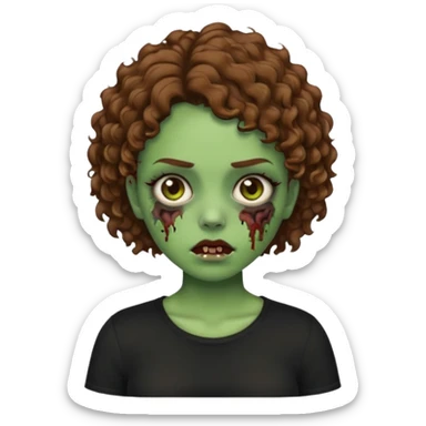 Zombie girl emoji com cabelo curto cacheado castanho com uma blusa preta sticker