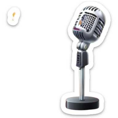 Create a glamorous and vibrant emoji that represents pop or stage vocal performance. The design should feature an empty stage with concert lighting. Include elements like an iconic stage microphone with a sparkling, rhinestone-studded microphone stand, set on a red carpet, a celebratory firework display in the background and a ribbon of musical notes flowing around the scene to symbolize the performance's energy. Use bright colors like gold, red, and silver to emphasize the excitement and glitz of the pop vocal world. The background should be transparent. sticker