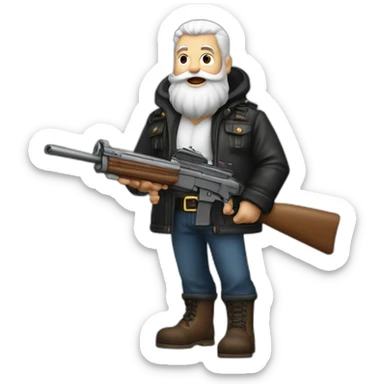 biff wiff santa beard wearing a leather jacket (full body, ios17) holding a large automatic rifle sticker