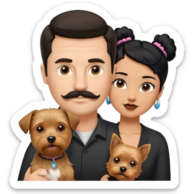 Tall white man with dark hair mustache goatee, and short woman with black hair bun, and a yorkshire terrier dog sticker