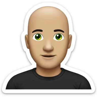 bald young guy with white eyebrows, green eyes and in black t-shirt sticker
