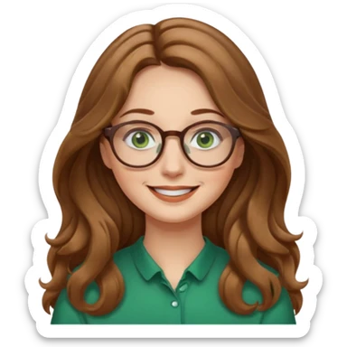 long wavy light brown hair woman with green eyes and glasses smiling closed mouth. middle part hair.  sticker