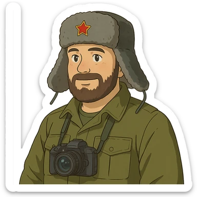 ghibli style Russian army military blogger wearing an ushanka hat sticker