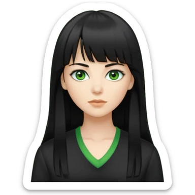 A white woman with Long straight hair with bangs, black hair, green eyes and a black low-cut shirt sticker
