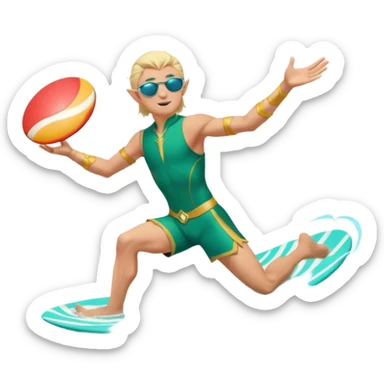 elf male legolas launching a frisbee woven from pure sunlight, wearing sporty teal swim shorts and performance sunglasses, athletic pose, pointy ears, dynamic motion lines, beach sky backdrop, centered emoji sticker
