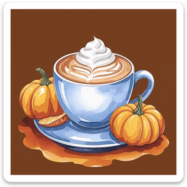 coffee latte art seamless background, pumpkin spice latte, creamy brown and orange tones, cozy autumn café vibe, watercolor effect sticker