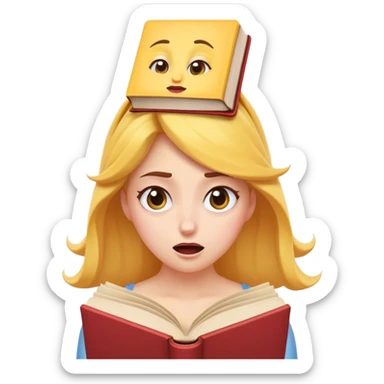 Cinematic Funny Belle Portrait Emoji, Looking exasperated as a book lands on her head, one eye twitching, caught in a hilariously relatable moment of book-lover clumsiness! sticker