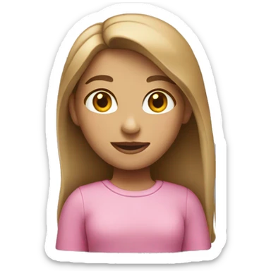 A girl with light brown hair and a pink shirt standing behind a macbook sticker