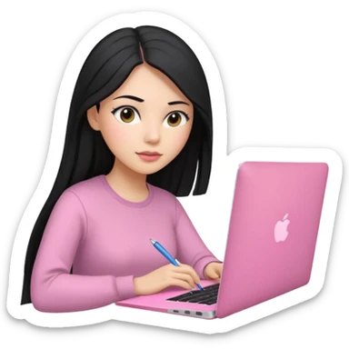 Mujer lacia peli larga y peli larga  en una MacBook rosa investigando y haciendo tareas con un libro de apuntes y con cara muy linda como modelo sticker