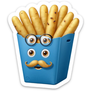 long slim fried potatoes in a blue carton, carton has eyes and mustache sticker