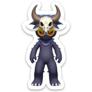 Shiny Dark Edgy  Duskull-Salandit-Inteleon-Amaura-Fakémon-hybrid-creature (full body) with a horned animal-skull-mask sticker