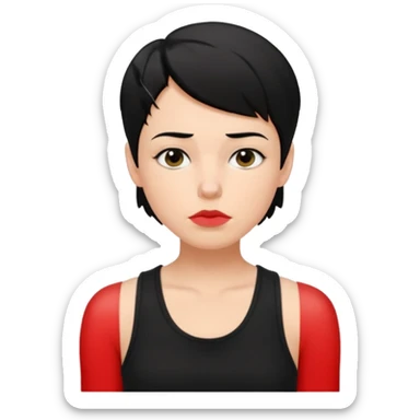 a white woman with short tomboy black hair with mole on top of her lip wearing men's black tank top sticker