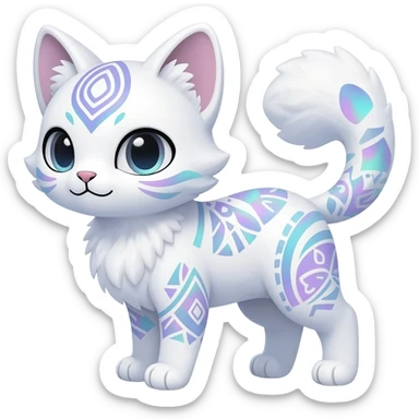 Kawaii white iridescent edgy cute cool fantasy feline-vernid-sergal-fursona animal creature with a tufted tail full body with intricate tribal markings  sticker