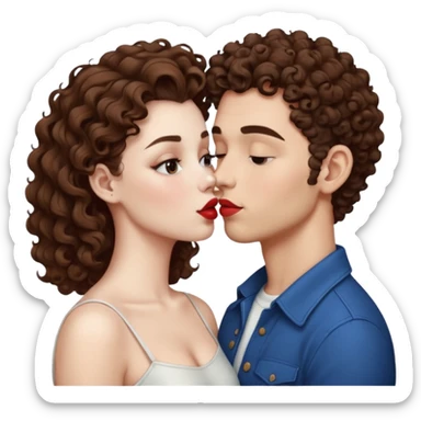 A couple kissing, the man would be white-skinned, mid fade-curly, brown-hair. The serious woman with white skin, brown color sticker