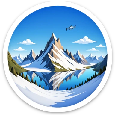 a snowy mountain landscape with jagged peaks and a clear sky, fish eye lens effect sticker