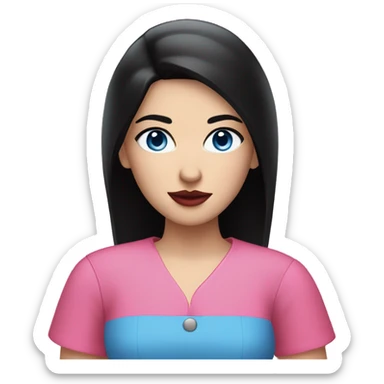 A girl with pale skin, long straight black hair parted in the middle and blue eyes, with bright red lips and a pink shirt  sticker