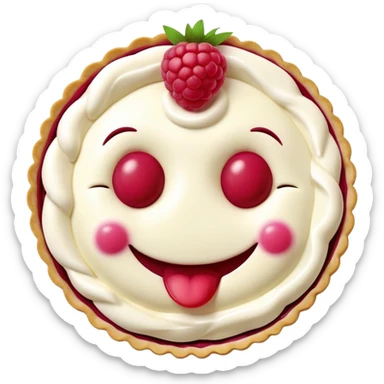 Raspberry cream pie with fresh raspberries on top in the shape of a smiley face sticker