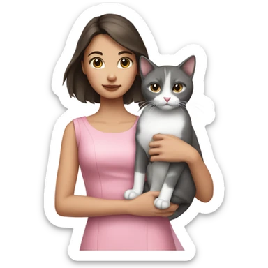 Brunette girl in pink dress holding grey and white cat sticker