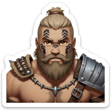 Clash of Clans aesthetic: Cinematic Rugged Barbarian Portrait Emoji, Intense and formidable with a heavily muscled physique, a rugged beard, piercing eyes and battle-worn armor adorned with tribal markings, his complexion a light tan that speaks of hard-fought battles, Simplified yet powerfully detailed features, highly detailed, glowing with a deep, primal energy, high shine, gritty and uncompromising, stylized with an air of raw, untamed power, focused and determined, soft glowing outline, capturing the essence of a barbarian warrior carved by countless battles and poised to lead his clan into epic conflict! sticker
