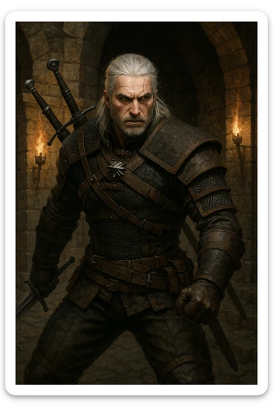 Geralt of Rivia, battle-ready pose, two swords on back, medieval setting, semi-realistic style sticker