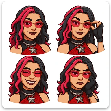 Create four emoticons of a confident female character with black and red hair, wearing glasses, inspired by Undercover Kor style. Each emoticon should show a different expression or pose, matching the style and vibe of the reference image. sticker