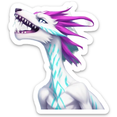 White badass elegant wild beautiful natural cute badass epic anthro modern albino sergal-vernid-creature with cyan mane and magenta eyes with cyan edgy stripes, full body, blue pretty hair, outside, modern, aesthetic, art by LiLaiRa, art by art by Falvie sticker