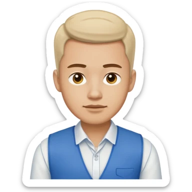 a man with a white shirt and a blue. vest sticker