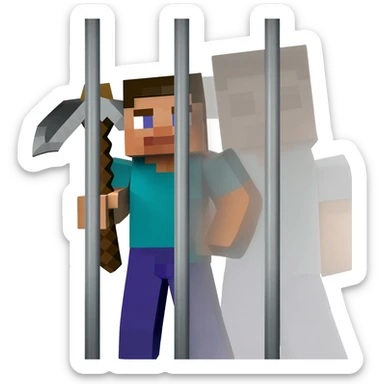 Half of a minecraft character holding a pickaxe behind bars sticker